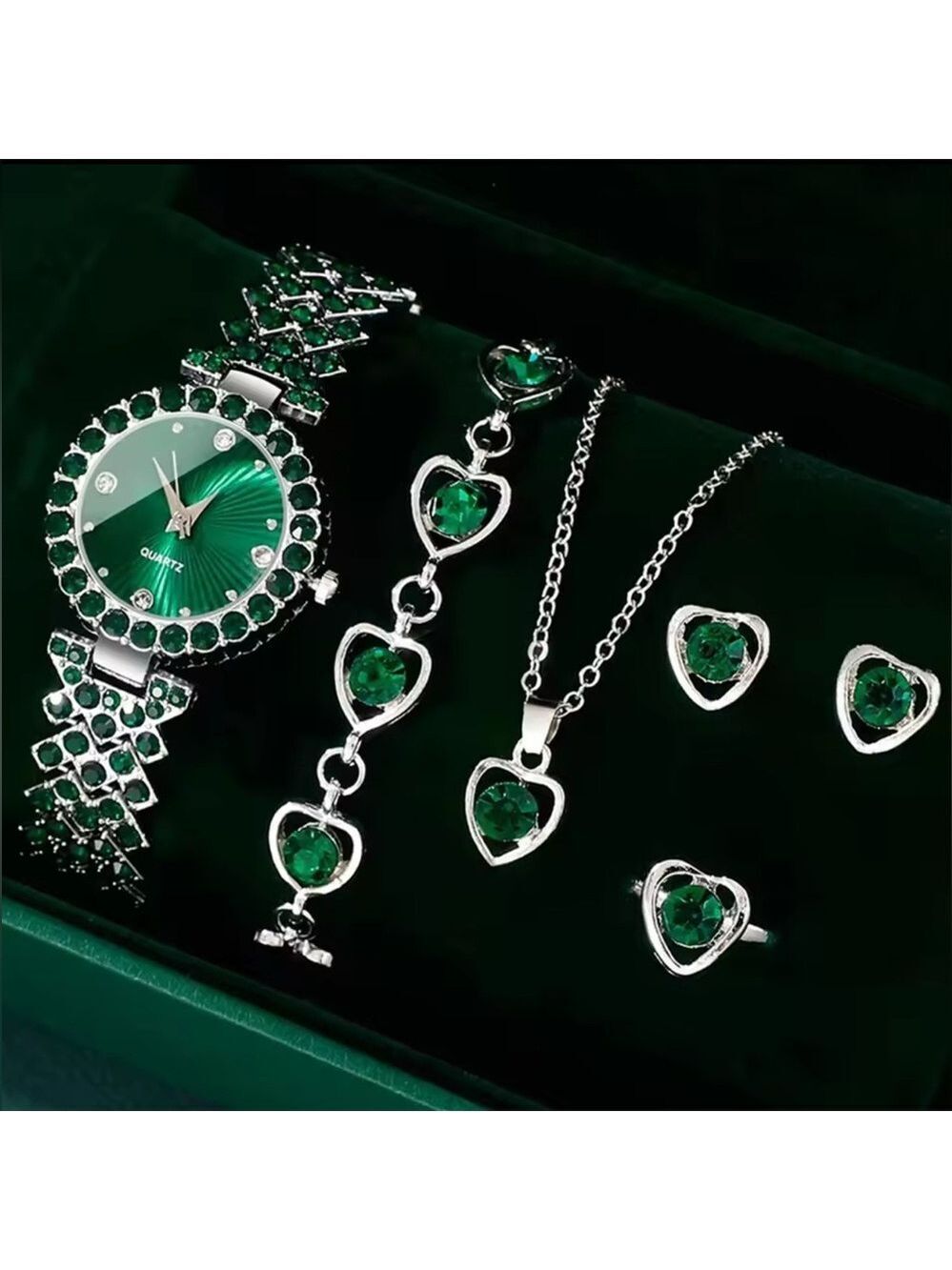 Elegant Green Rhinestone Hearts & Silver Women's Jewelry Set of 5- Quartz Watch